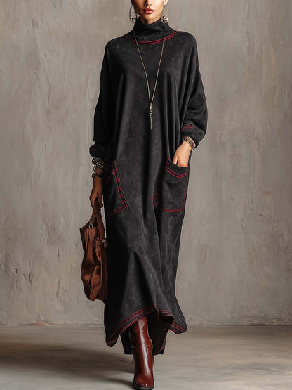 Marielle | Robe Maxi en Suédine Noire à Coutures Contrastées Rouges et Poches Plaquées