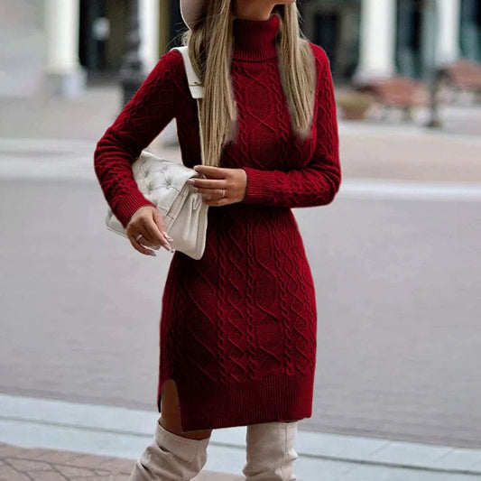 Nathalie | Robe Pull Midi en Maille Torsadée à Col Roulé et Fente Latérale