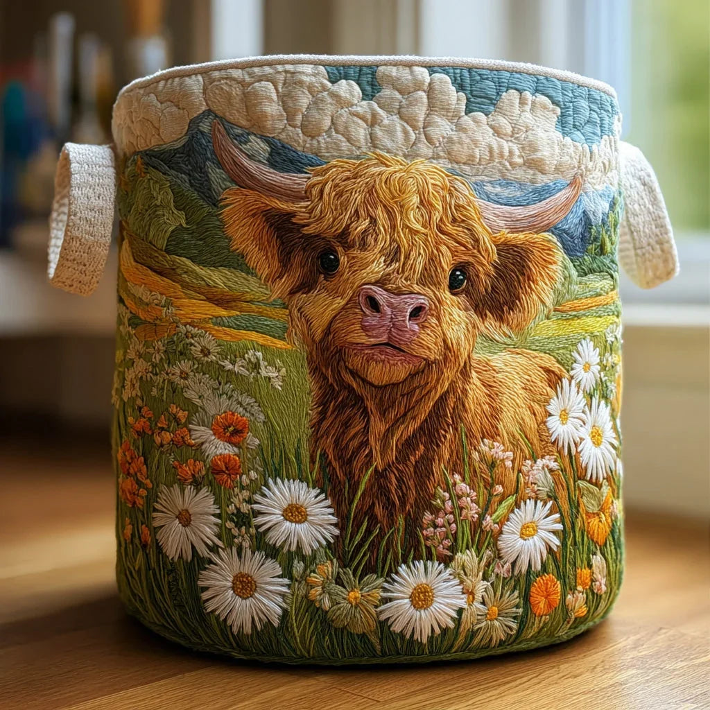 Panier à Linge Matelassé | Vache Highland Entourée de Fleurs