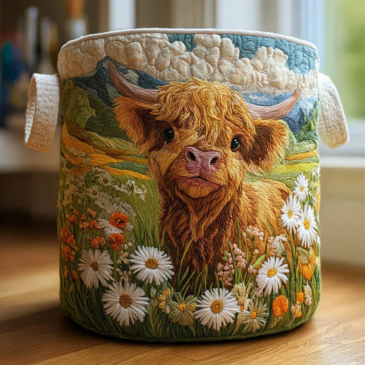 Panier à Linge Matelassé | Vache Highland Entourée de Fleurs
