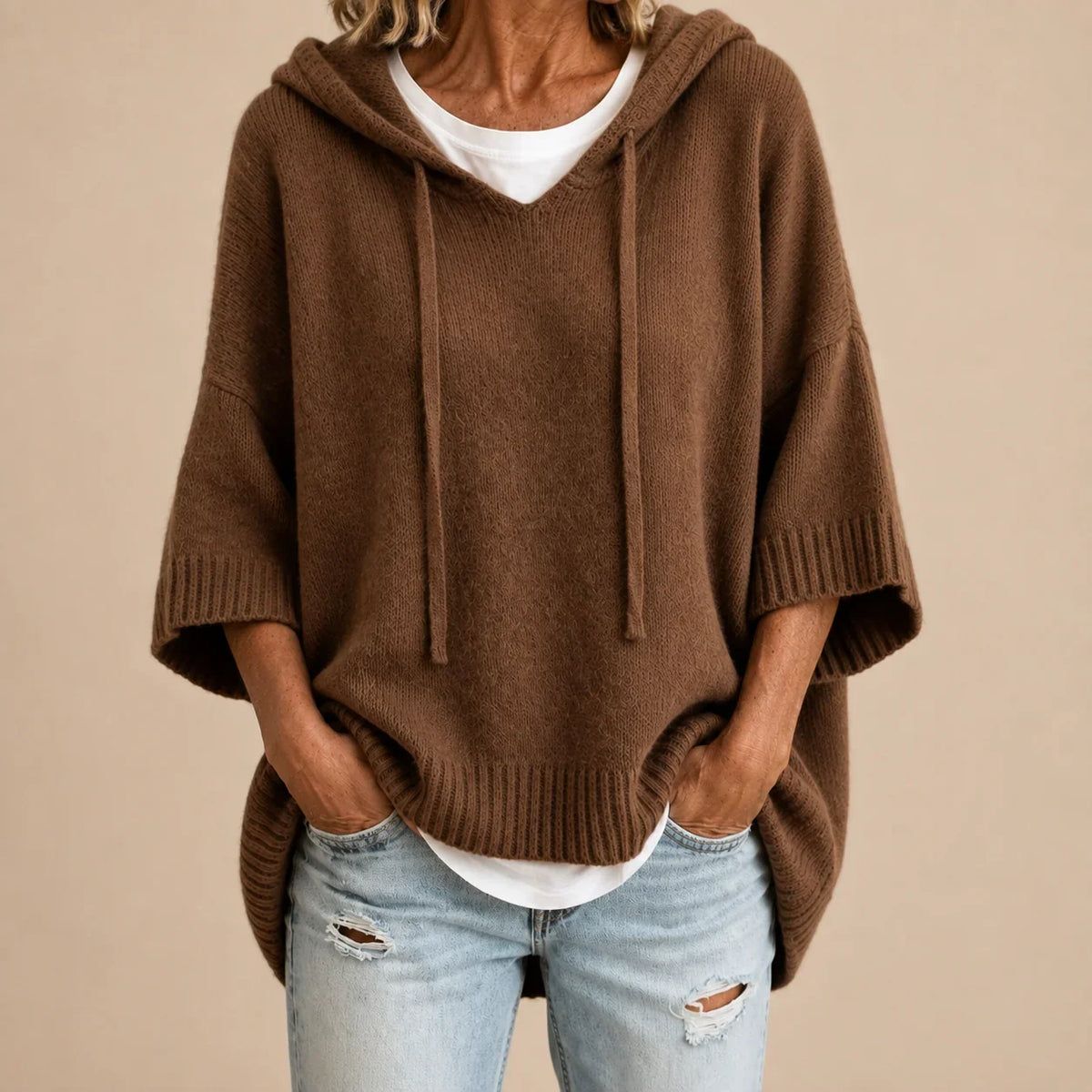 Ottavia | Poncho en Maille à Capuche et Manches Trois-Quarts
