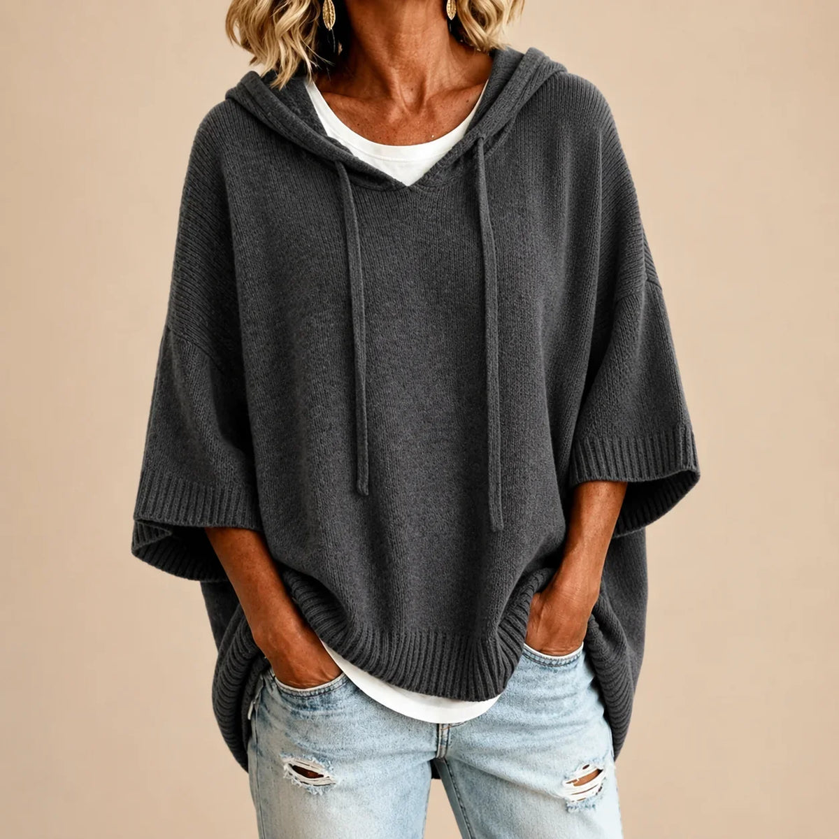 Ottavia | Poncho en Maille à Capuche et Manches Trois-Quarts