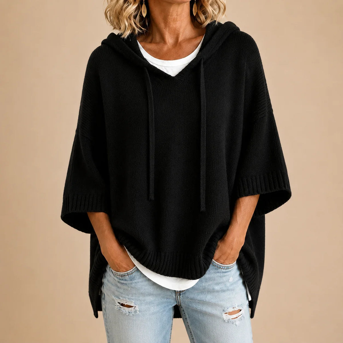Ottavia | Poncho en Maille à Capuche et Manches Trois-Quarts