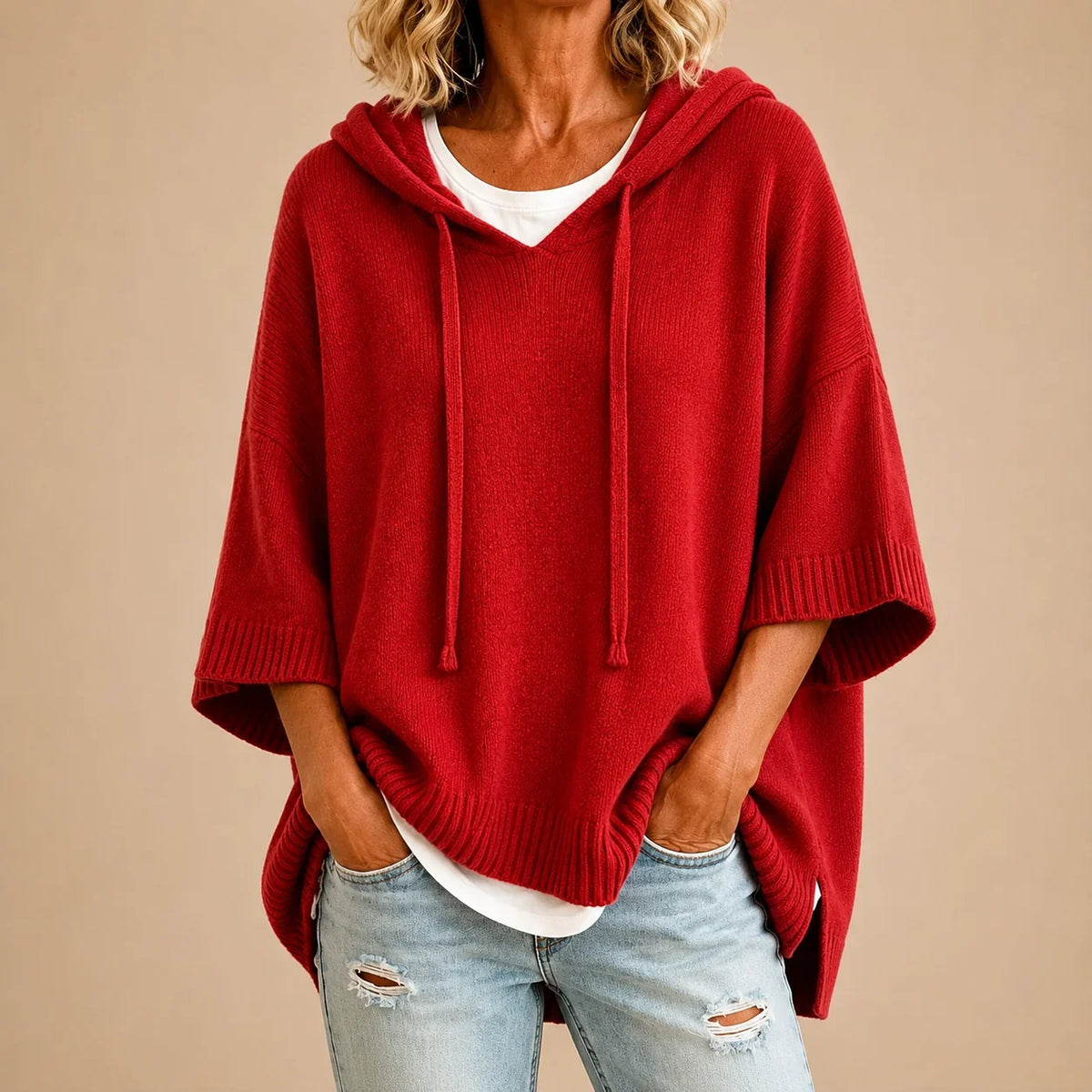 Ottavia | Poncho en Maille à Capuche et Manches Trois-Quarts