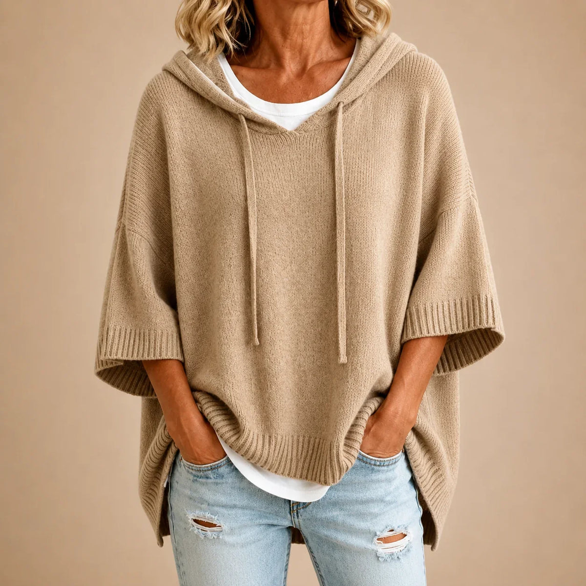 Ottavia | Poncho en Maille à Capuche et Manches Trois-Quarts