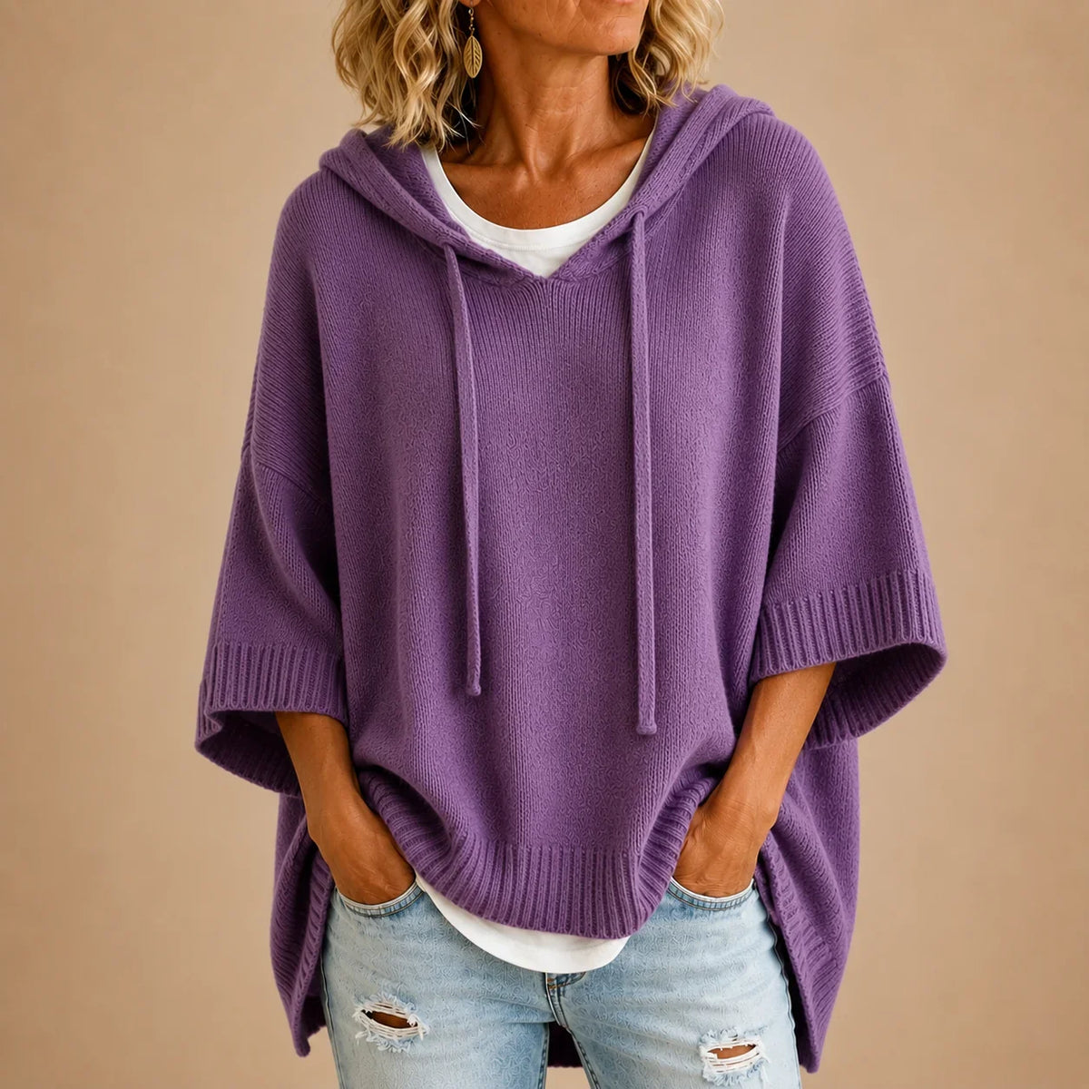 Ottavia | Poncho en Maille à Capuche et Manches Trois-Quarts