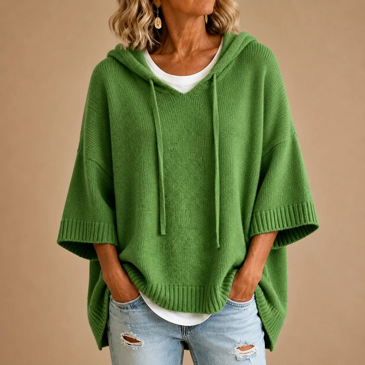 Ottavia | Poncho en Maille à Capuche et Manches Trois-Quarts