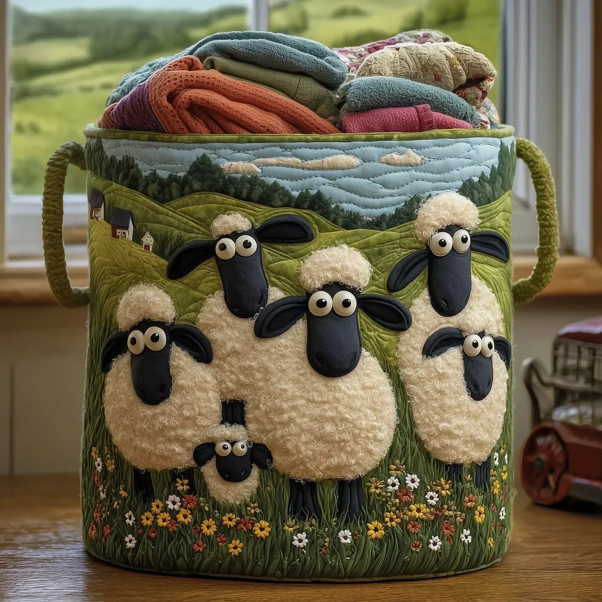 Panier à Linge Matelassé | Troupeau de Moutons à la Campagne