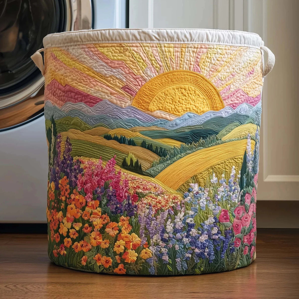 Panier à Linge Matelassé | Lever de Soleil sur un Pré Fleuri
