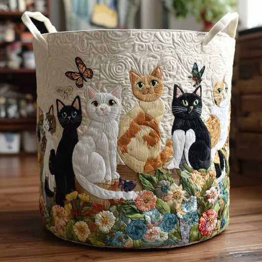Panier à Linge Matelassé | Chats parmi les Fleurs du Jardin