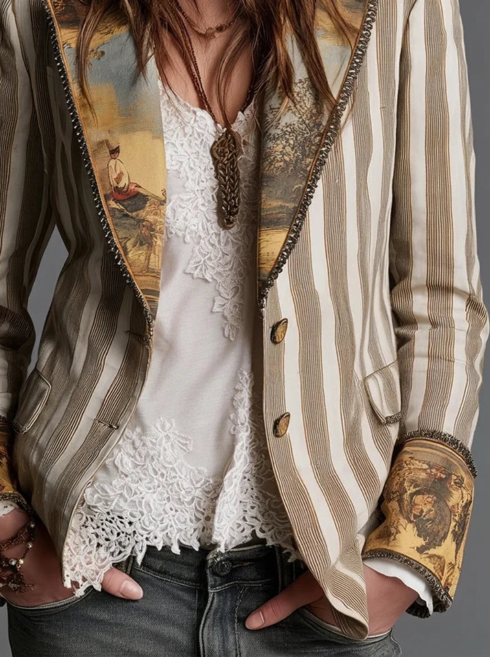 Sara | Blazer Bohème à Rayures et Col Imprimé