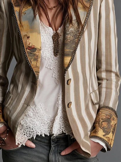 Sara | Blazer Bohème à Rayures et Col Imprimé
