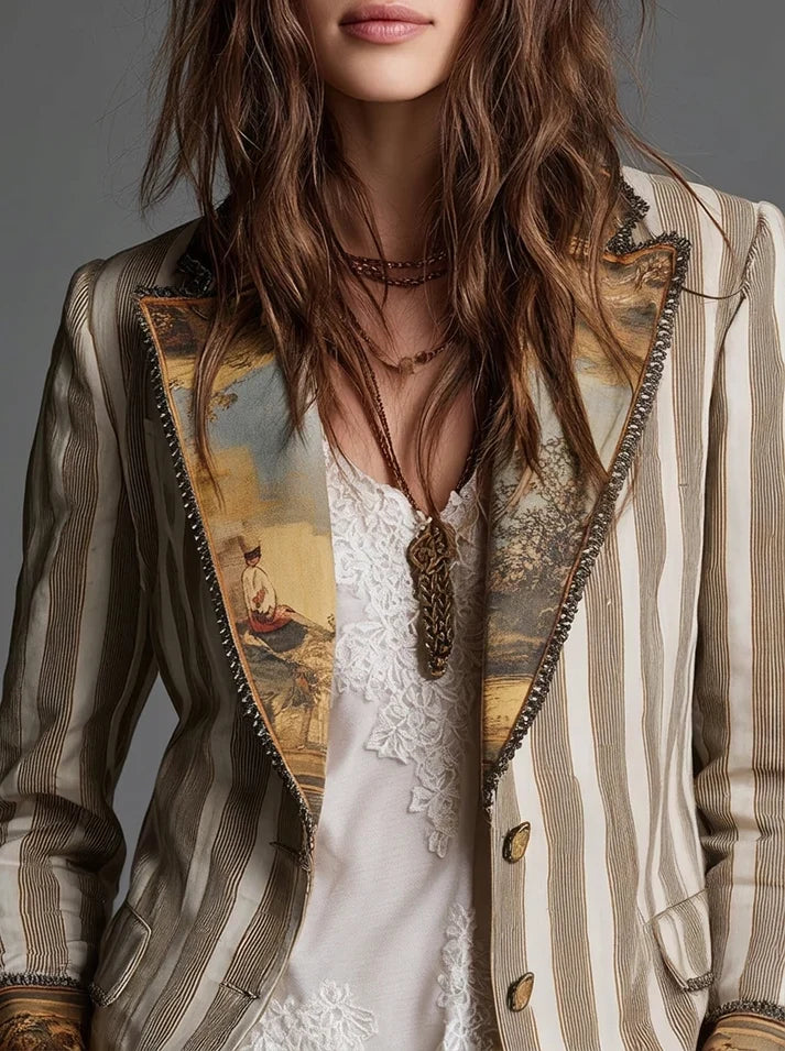 Sara | Blazer Bohème à Rayures et Col Imprimé