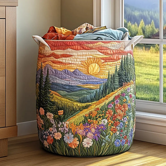 Panier à Linge Matelassé | Lever de Soleil entre Montagnes et Fleurs