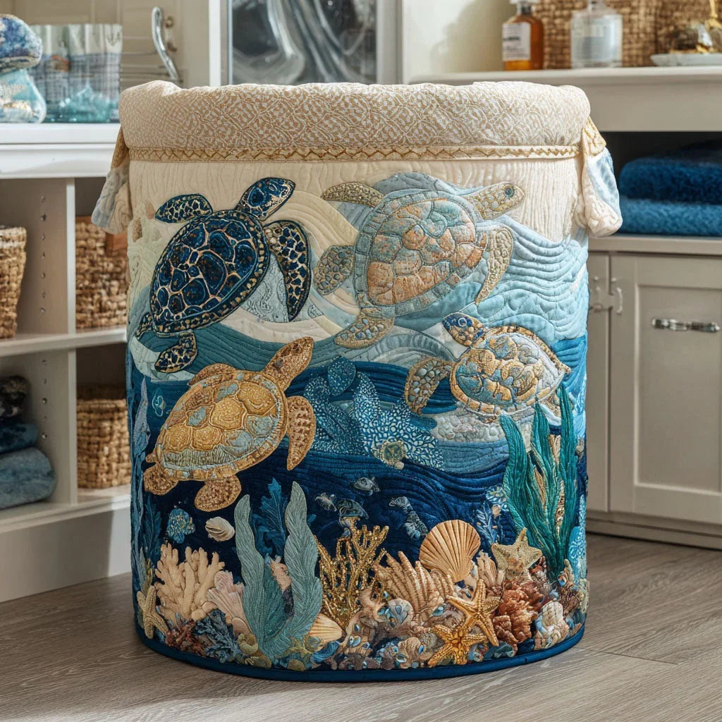 Panier à Linge Matelassé | Tortues Marines et Coquillages