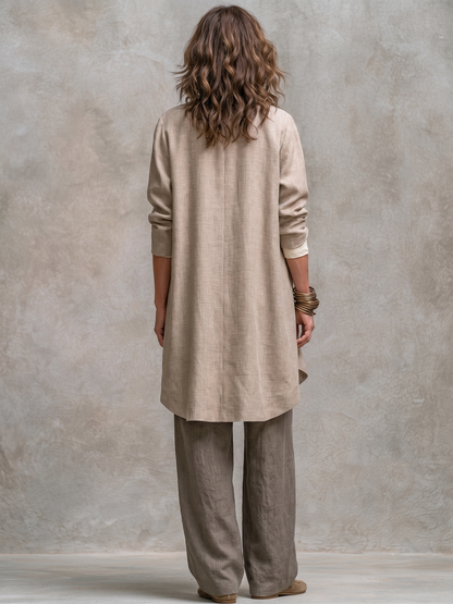 Constance | Ensemble Trois Pièces Beige et Gris, Décontracté à Superpositions avec Pantalon Palazzo, Élégant