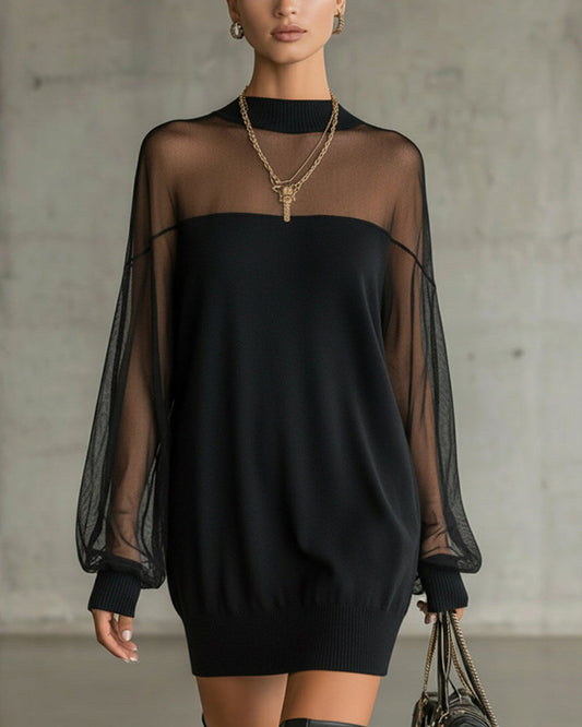 Amélie | Mini Robe Noire Élégante à Manches en Filet