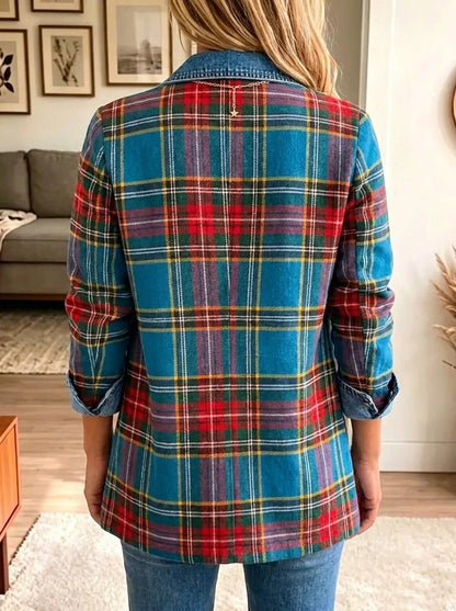Gracieuse | Blazer Femme en Jean à Carreaux Tartan Bleu