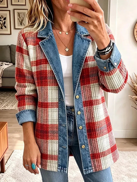 Capucine | Veste en Jean Vintage Élégante Patchwork Rouge