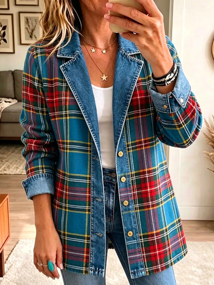 Gracieuse | Blazer Femme en Jean à Carreaux Tartan Bleu