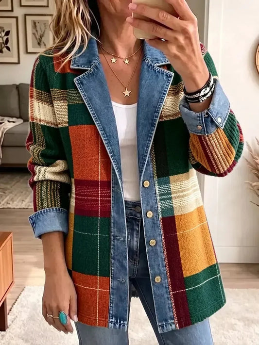 Élodie | Veste en Jean Rétro à Motif Carreaux Art Décontractée