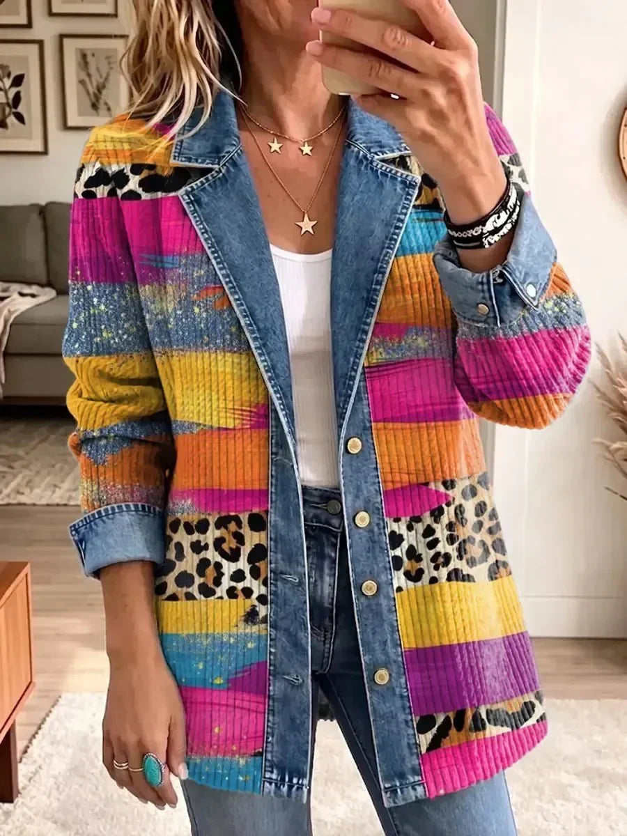 Victoire | Veste en Jean Rétro à Motif Léopard Multicolore