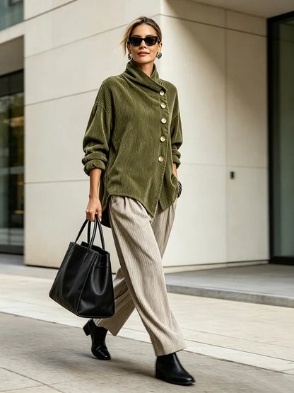 Lucilla | Haut en Velours Côtelé à Boutonnage Diagonal, Vert Olive